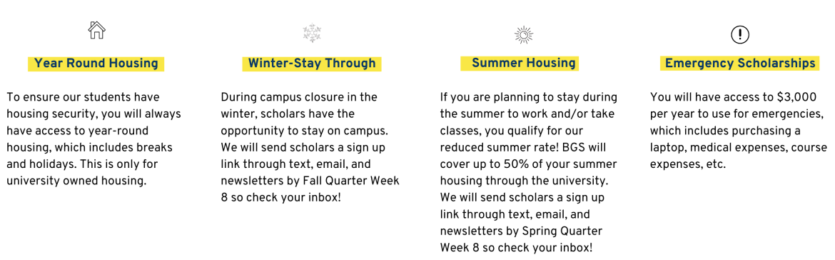 Scholars have access to year round housing, winter stay through, a reduced summer rate and emergency scholarships